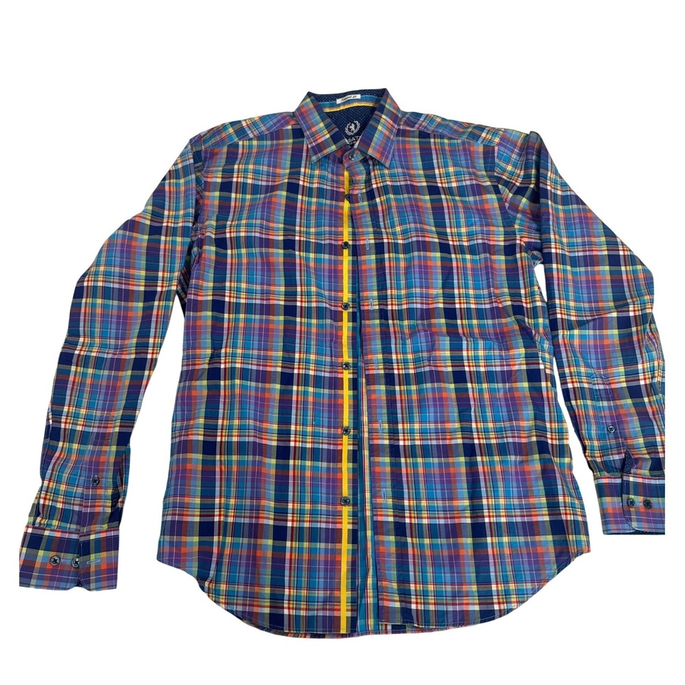 Bugatchi Mens Shaped Fit Button Up Shirt L Blue Plaid Cotton Casual Preppy Work
